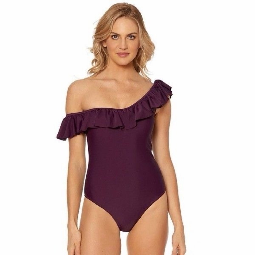 J CREW Ruffle One Piece Swim Suit 8 Beach Purple Summer Coastal Preppy Timeless